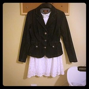 White lace dress and denim jacket combo